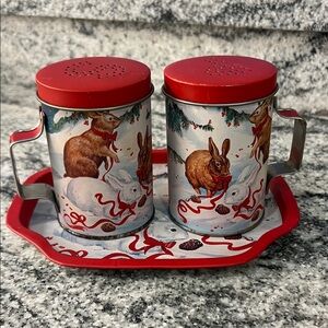 Festive Rabbit Salt and Pepper Shakers with Tray